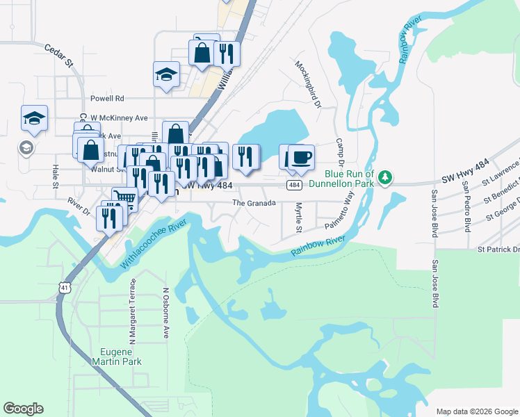map of restaurants, bars, coffee shops, grocery stores, and more near 12082 Wekiwa Circle in Dunnellon