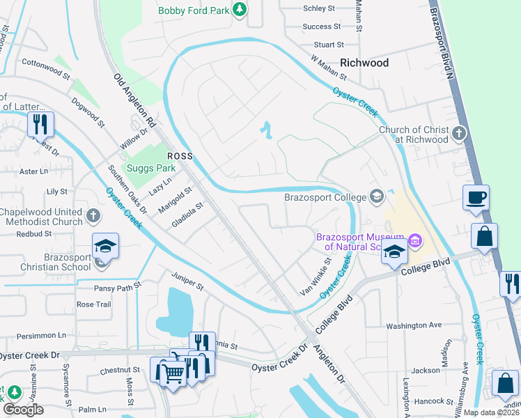 map of restaurants, bars, coffee shops, grocery stores, and more near 213 Sleepy Hollow Drive in Lake Jackson
