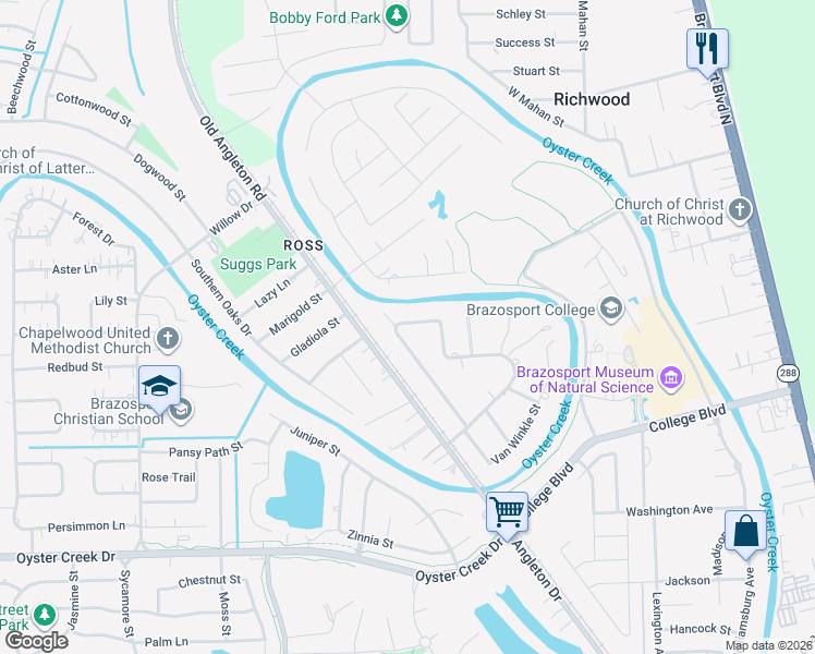 map of restaurants, bars, coffee shops, grocery stores, and more near 202 Sleepy Hollow Drive in Lake Jackson