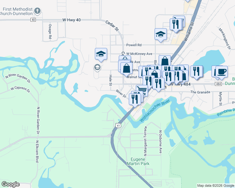 map of restaurants, bars, coffee shops, grocery stores, and more near 20814 West Pennsylvania Avenue in Dunnellon