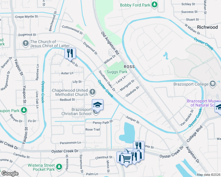 map of restaurants, bars, coffee shops, grocery stores, and more near 118 Lazy Lane in Lake Jackson