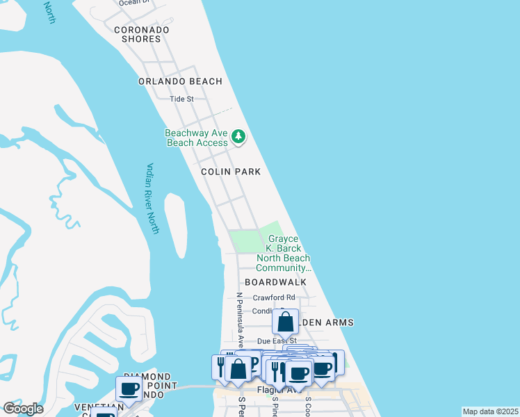 map of restaurants, bars, coffee shops, grocery stores, and more near 1221 North Atlantic Avenue in New Smyrna Beach