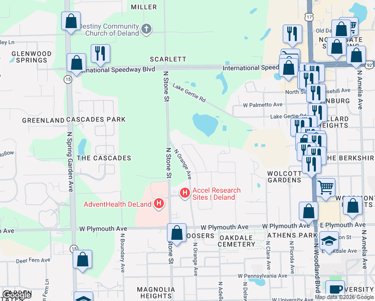 map of restaurants, bars, coffee shops, grocery stores, and more near 1251 N Stone St in DeLand