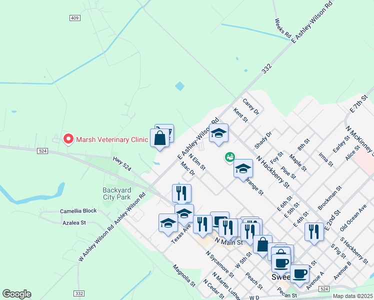 map of restaurants, bars, coffee shops, grocery stores, and more near 301 East Ashley-Wilson Road in Sweeny