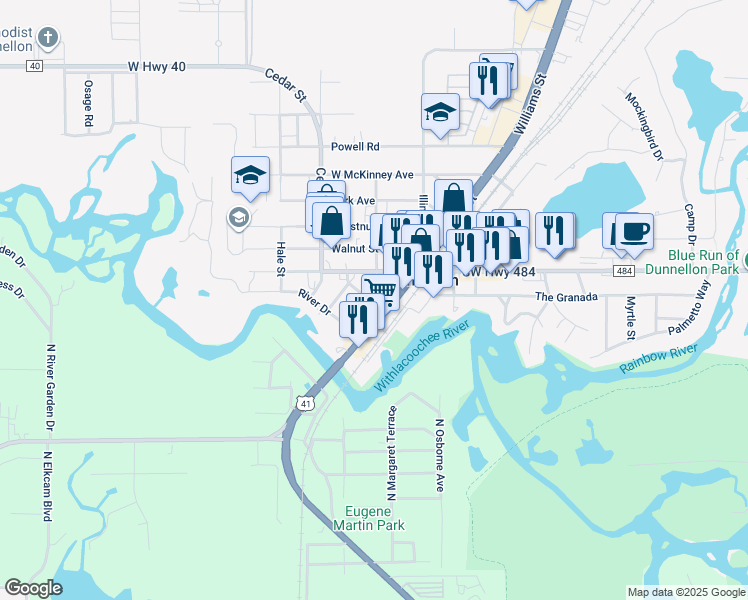 map of restaurants, bars, coffee shops, grocery stores, and more near 661 Datesman Avenue in Dunnellon