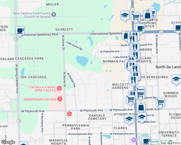 map of restaurants, bars, coffee shops, grocery stores, and more near 1250 Westoak Drive in DeLand
