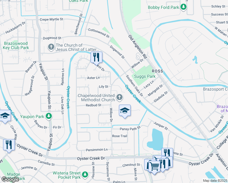 map of restaurants, bars, coffee shops, grocery stores, and more near 500 Willow Drive in Lake Jackson