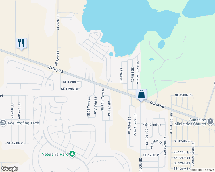 map of restaurants, bars, coffee shops, grocery stores, and more near 9701 East Highway 25 in Belleview
