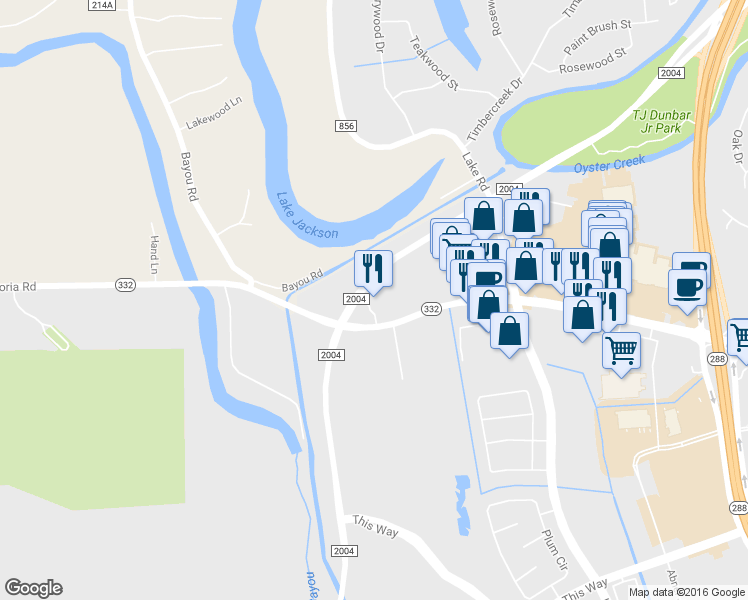 map of restaurants, bars, coffee shops, grocery stores, and more near 220 Texas 332 in Lake Jackson