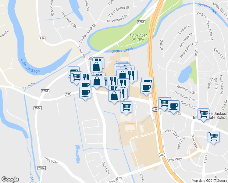 map of restaurants, bars, coffee shops, grocery stores, and more near 116 Hwy 332 in Lake Jackson