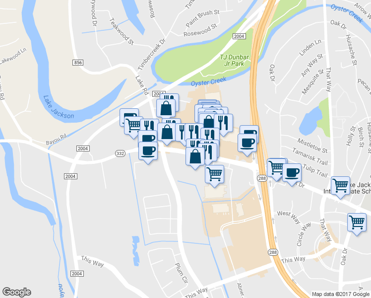 map of restaurants, bars, coffee shops, grocery stores, and more near 118 Highway 332 in Lake Jackson