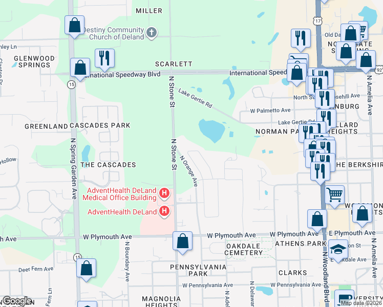 map of restaurants, bars, coffee shops, grocery stores, and more near 1251 N Stone St in DeLand