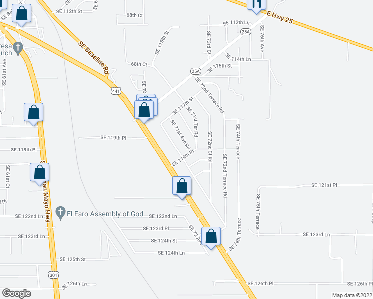 map of restaurants, bars, coffee shops, grocery stores, and more near 11936 Southeast 71st Avenue Road in Belleview