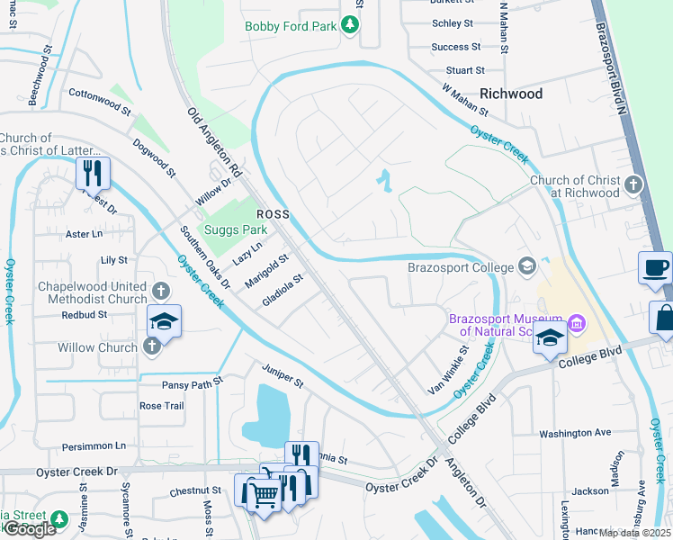 map of restaurants, bars, coffee shops, grocery stores, and more near 212 Sleepy Hollow Drive in Lake Jackson
