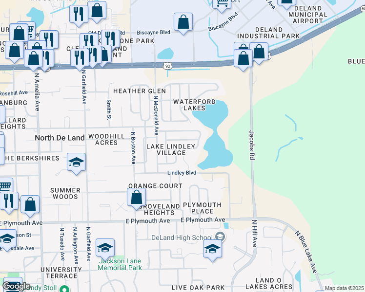 map of restaurants, bars, coffee shops, grocery stores, and more near 850 Limewood Avenue in DeLand