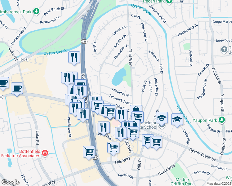 map of restaurants, bars, coffee shops, grocery stores, and more near 119 Mistletoe Street in Lake Jackson