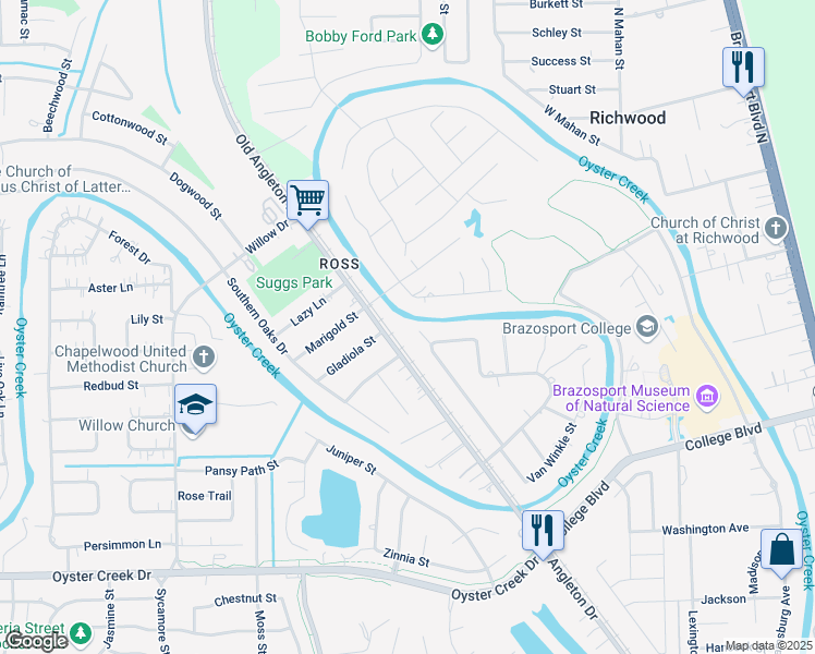 map of restaurants, bars, coffee shops, grocery stores, and more near 212 Sleepy Hollow Drive in Lake Jackson
