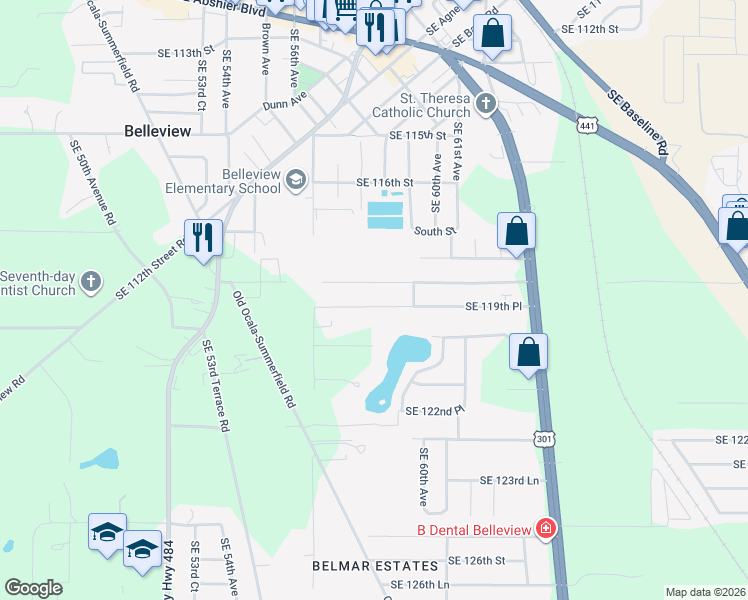 map of restaurants, bars, coffee shops, grocery stores, and more near 5845 Southeast 119th Place in Belleview