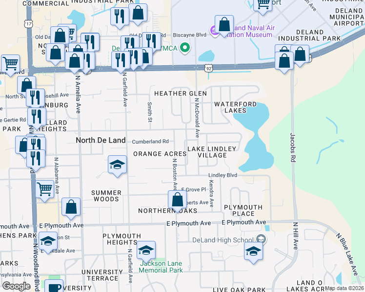 map of restaurants, bars, coffee shops, grocery stores, and more near 18 Sunshine Boulevard in DeLand