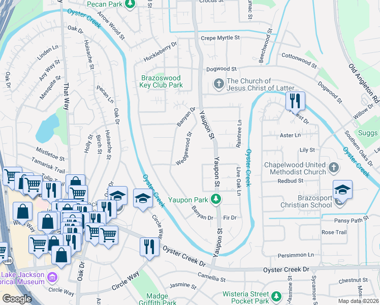 map of restaurants, bars, coffee shops, grocery stores, and more near 220 Wedgewood Street in Lake Jackson