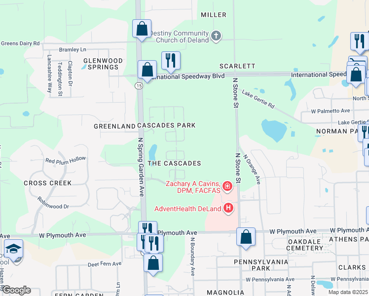 map of restaurants, bars, coffee shops, grocery stores, and more near 1189 Glen Falls Road in DeLand