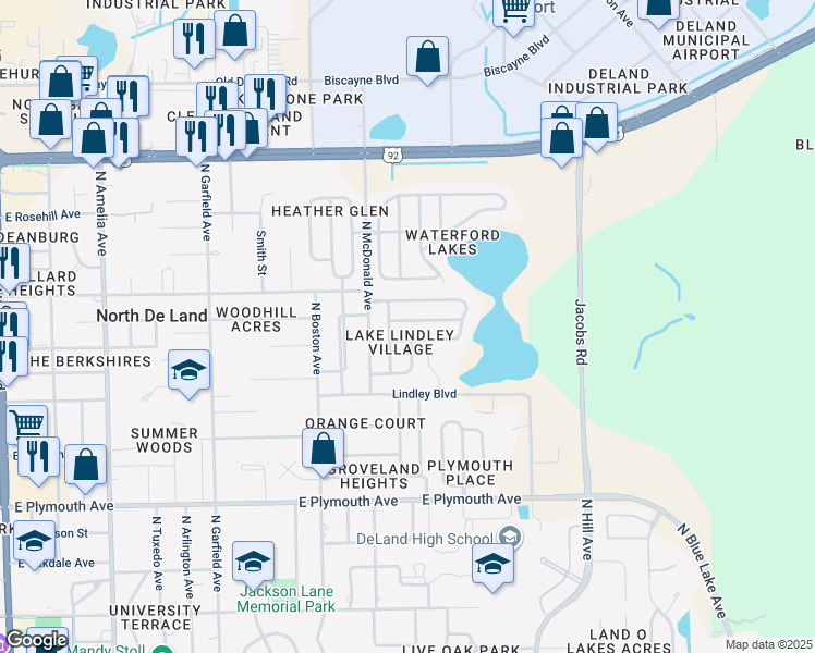 map of restaurants, bars, coffee shops, grocery stores, and more near 850 Limewood Avenue in DeLand