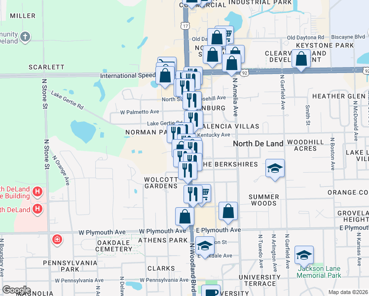 map of restaurants, bars, coffee shops, grocery stores, and more near 1206 North Woodland Boulevard in DeLand