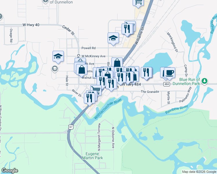 map of restaurants, bars, coffee shops, grocery stores, and more near in Dunnellon