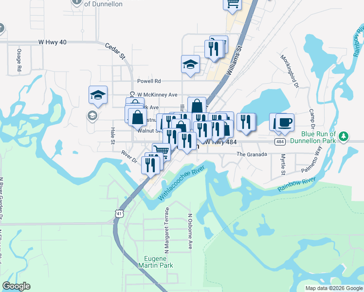 map of restaurants, bars, coffee shops, grocery stores, and more near in Dunnellon