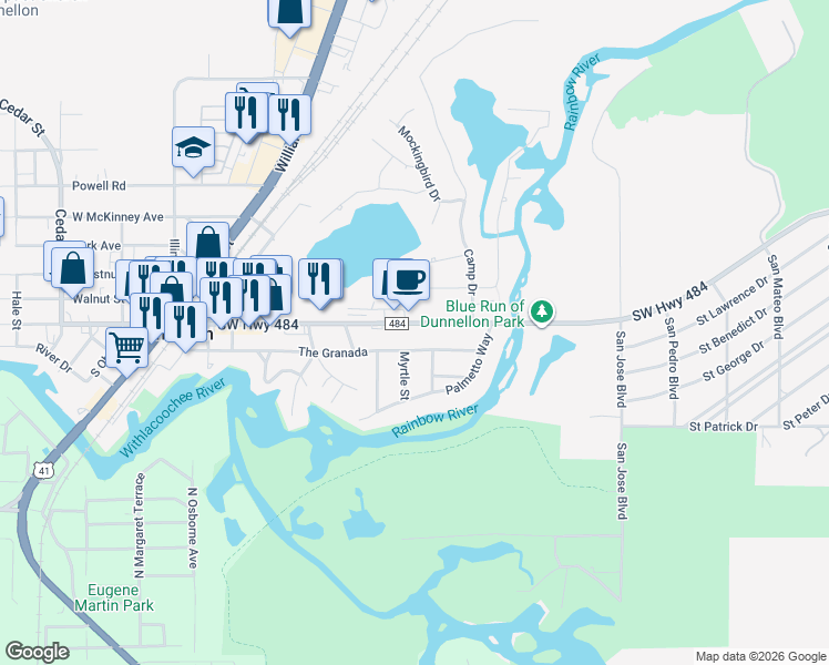 map of restaurants, bars, coffee shops, grocery stores, and more near 20008 East Pennsylvania Avenue in Dunnellon