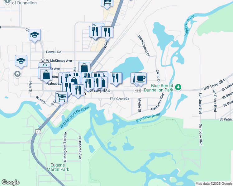 map of restaurants, bars, coffee shops, grocery stores, and more near 20212 E Pennsylvania Ave in Dunnellon
