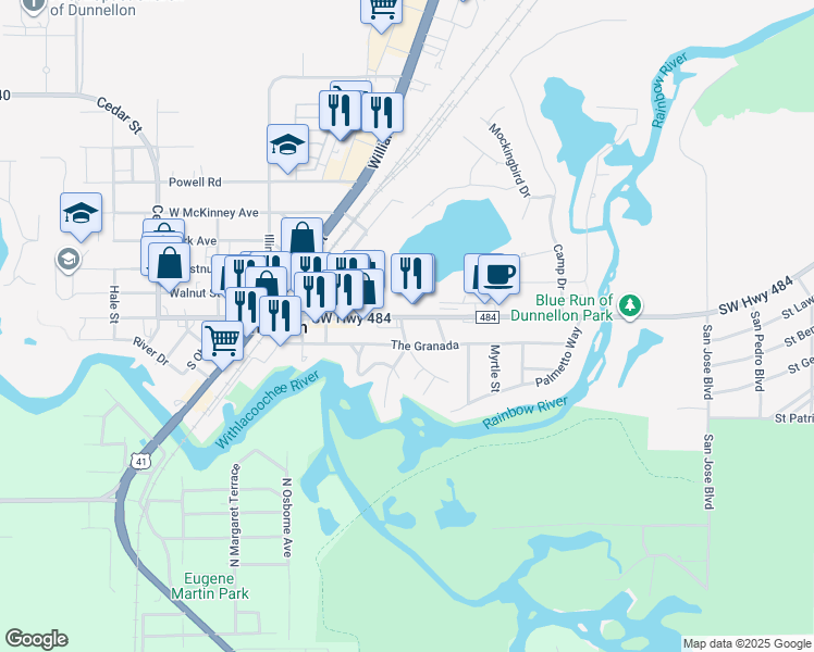 map of restaurants, bars, coffee shops, grocery stores, and more near 20212 East Pennsylvania Avenue in Dunnellon