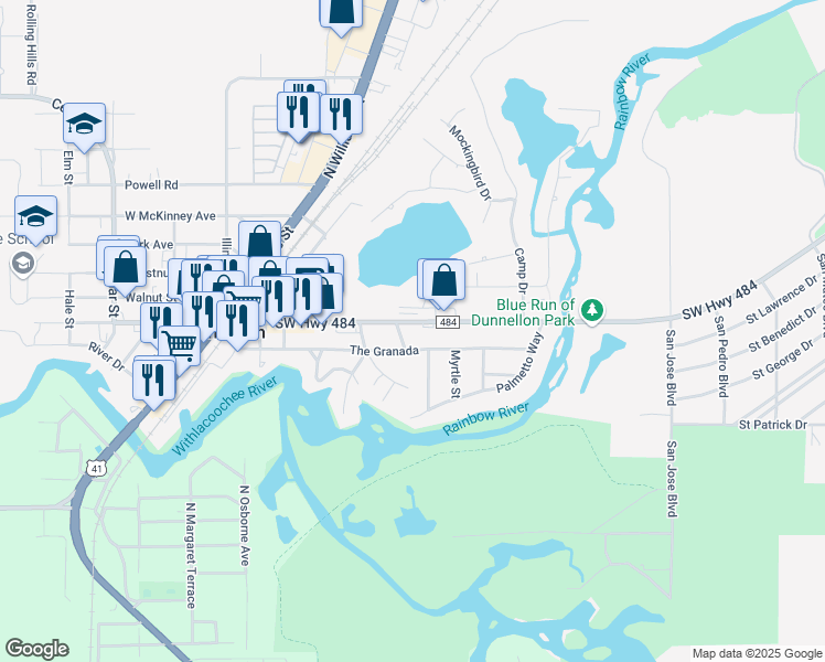 map of restaurants, bars, coffee shops, grocery stores, and more near 20100 East Pennsylvania Avenue in Dunnellon
