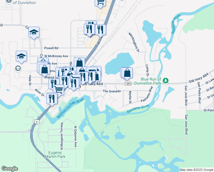 map of restaurants, bars, coffee shops, grocery stores, and more near 20212 East Pennsylvania Avenue in Dunnellon