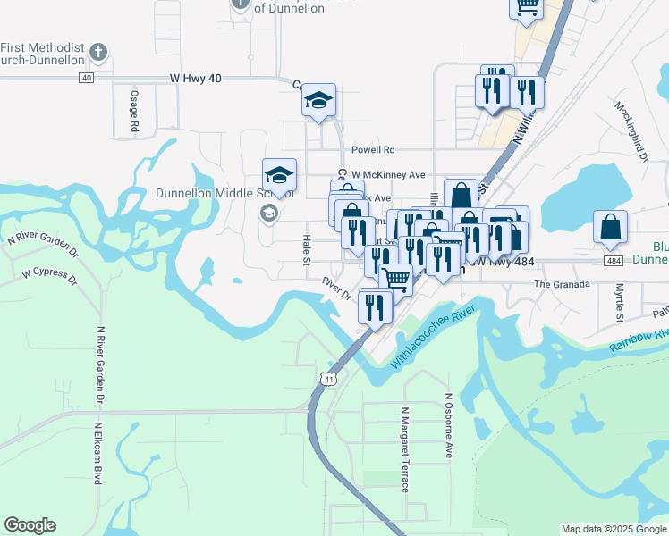 map of restaurants, bars, coffee shops, grocery stores, and more near 20814 West Pennsylvania Avenue in Dunnellon