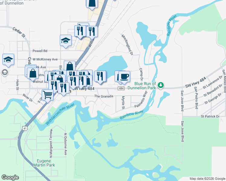 map of restaurants, bars, coffee shops, grocery stores, and more near 20100 East Pennsylvania Avenue in Dunnellon