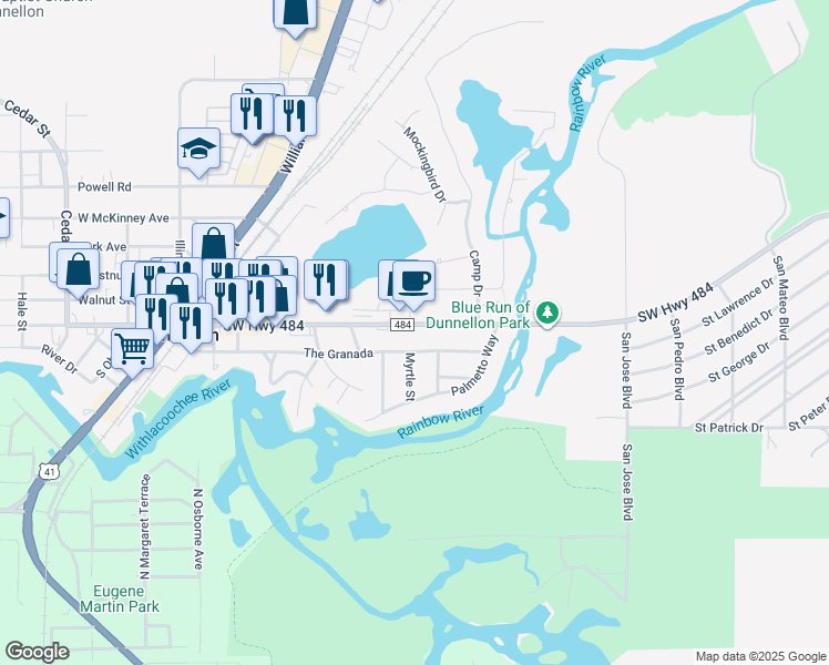 map of restaurants, bars, coffee shops, grocery stores, and more near 20008 East Pennsylvania Avenue in Dunnellon