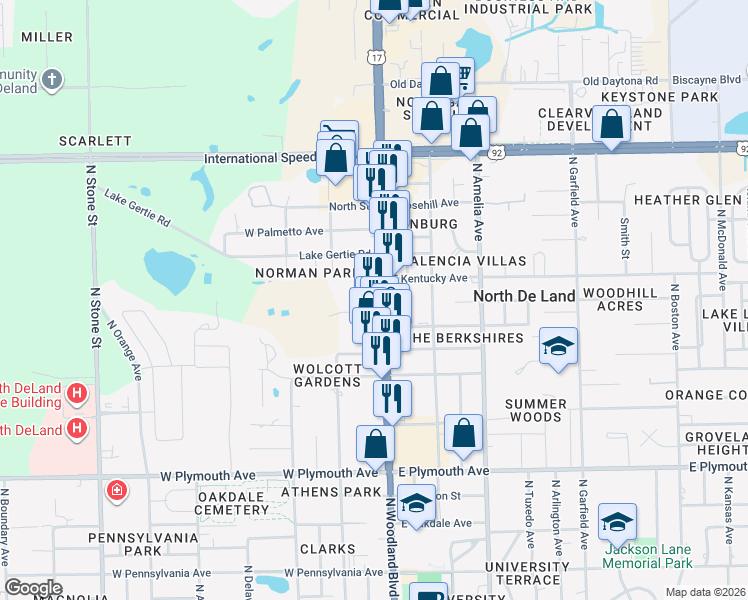 map of restaurants, bars, coffee shops, grocery stores, and more near 1206 North Woodland Boulevard in DeLand