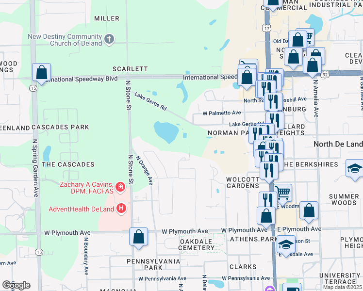 map of restaurants, bars, coffee shops, grocery stores, and more near 1250 Westoak Drive in DeLand