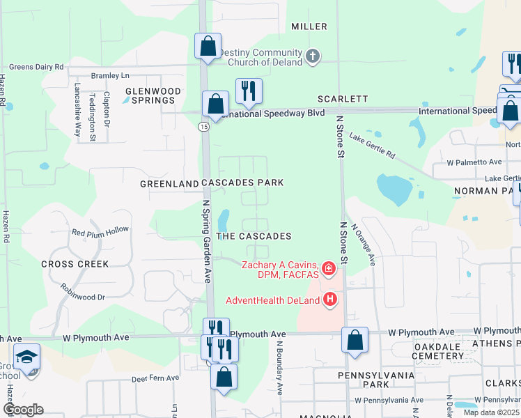 map of restaurants, bars, coffee shops, grocery stores, and more near 1189 Glen Falls Road in DeLand