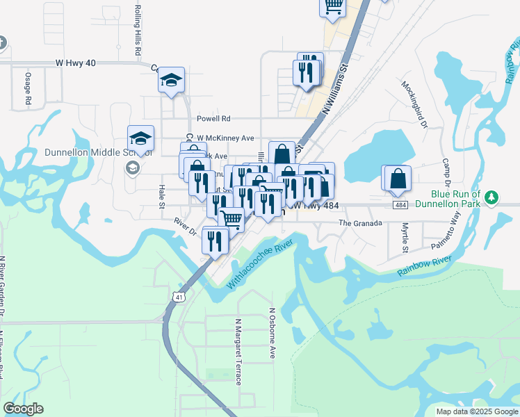 map of restaurants, bars, coffee shops, grocery stores, and more near 20540 East Pennsylvania Avenue in Dunnellon