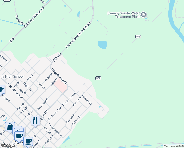 map of restaurants, bars, coffee shops, grocery stores, and more near 1303 Avenue A in Sweeny