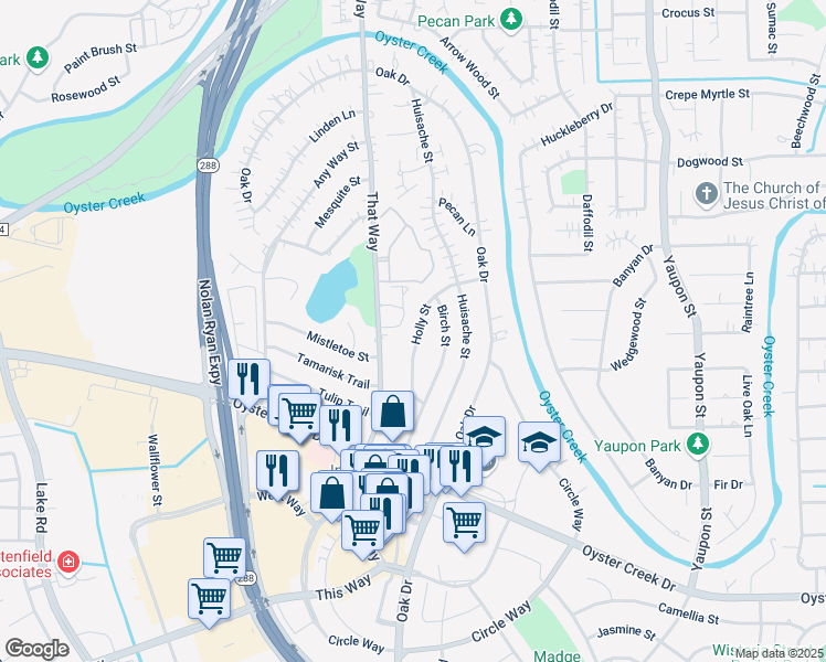 map of restaurants, bars, coffee shops, grocery stores, and more near 127 Holly Street in Lake Jackson