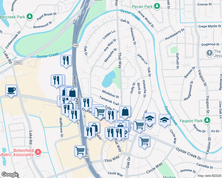 map of restaurants, bars, coffee shops, grocery stores, and more near 119 Mistletoe Street in Lake Jackson