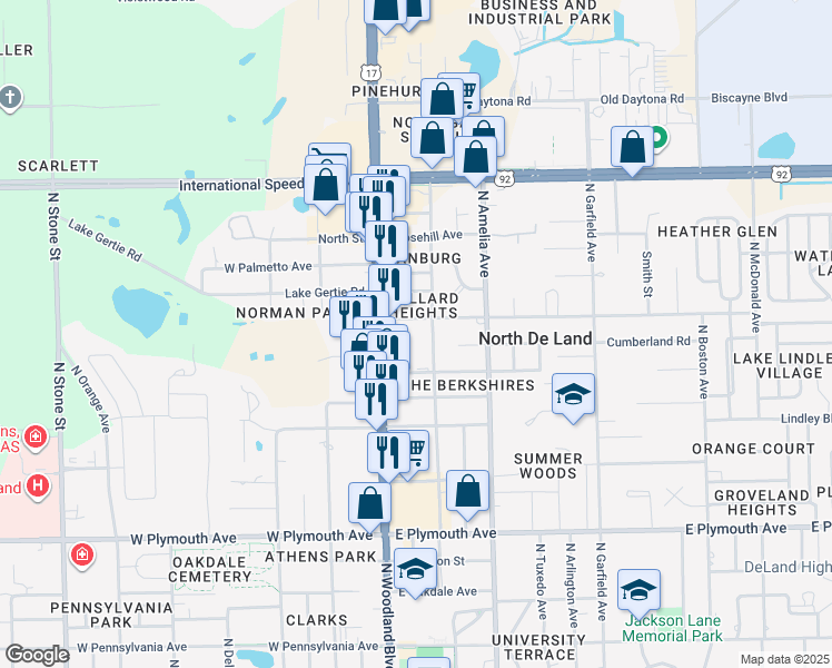 map of restaurants, bars, coffee shops, grocery stores, and more near 100 East Kentucky Avenue in DeLand