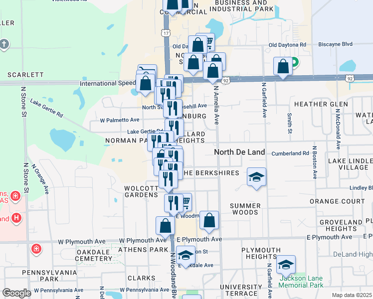 map of restaurants, bars, coffee shops, grocery stores, and more near 100 East Kentucky Avenue in DeLand
