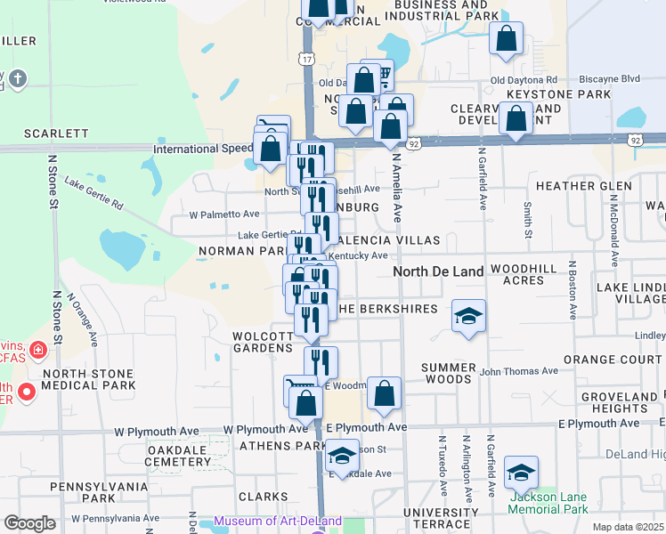 map of restaurants, bars, coffee shops, grocery stores, and more near 100 East Kentucky Avenue in DeLand