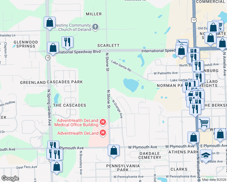 map of restaurants, bars, coffee shops, grocery stores, and more near 1251 North Stone Street in DeLand