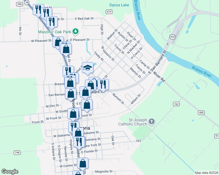 map of restaurants, bars, coffee shops, grocery stores, and more near 211 N Erwin Street in Brazoria