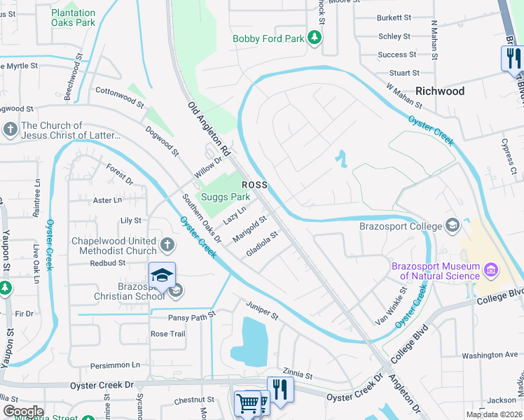 map of restaurants, bars, coffee shops, grocery stores, and more near 120 Marigold Street in Lake Jackson